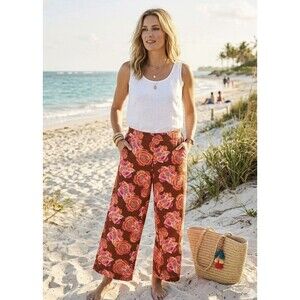 LOFT Floral Linen Blend Beach Wide Leg Pants Pull On Size MP